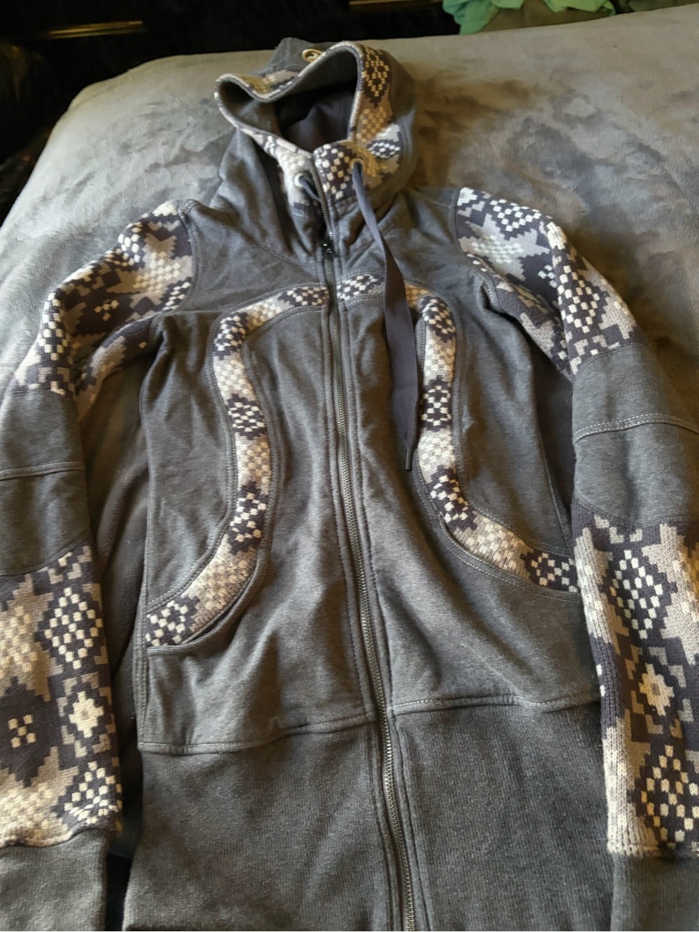 lululemon athletica Charcoal Hooded Zip Jacket with Geo Pattern Panels